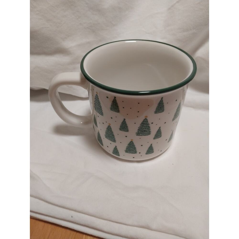 Kirland's Home White Ceramic Mug With Green Christmas Trees
